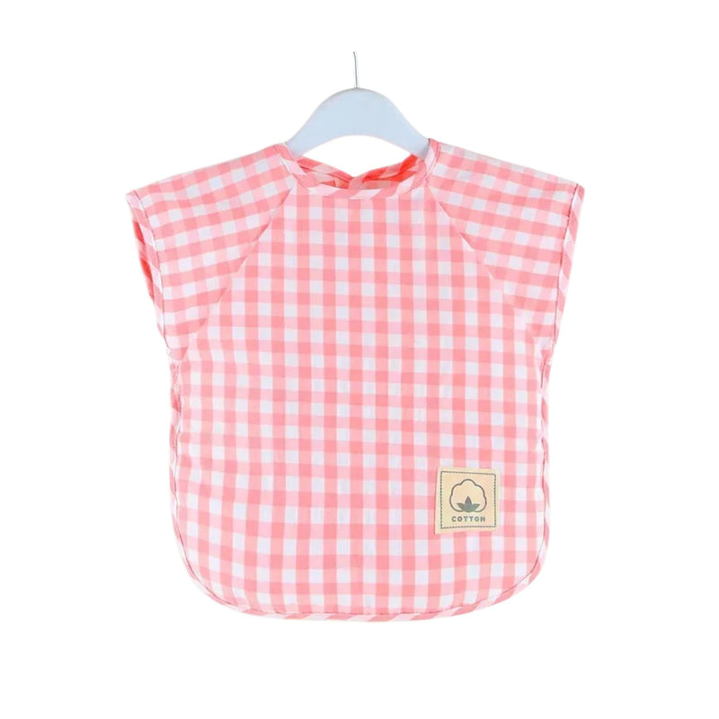 Pink gingham baby bib on a hanger with a visible brand logo.