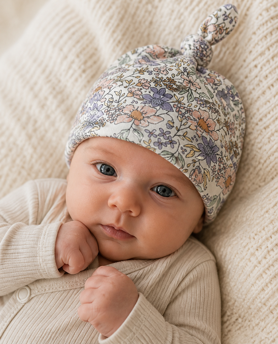 Newborn in a wildflower top knot beanie