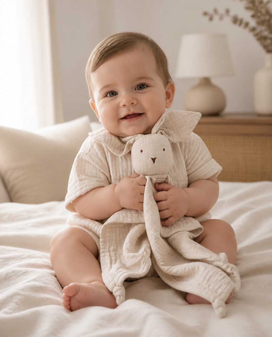 Baby cuddling a bunny comforter