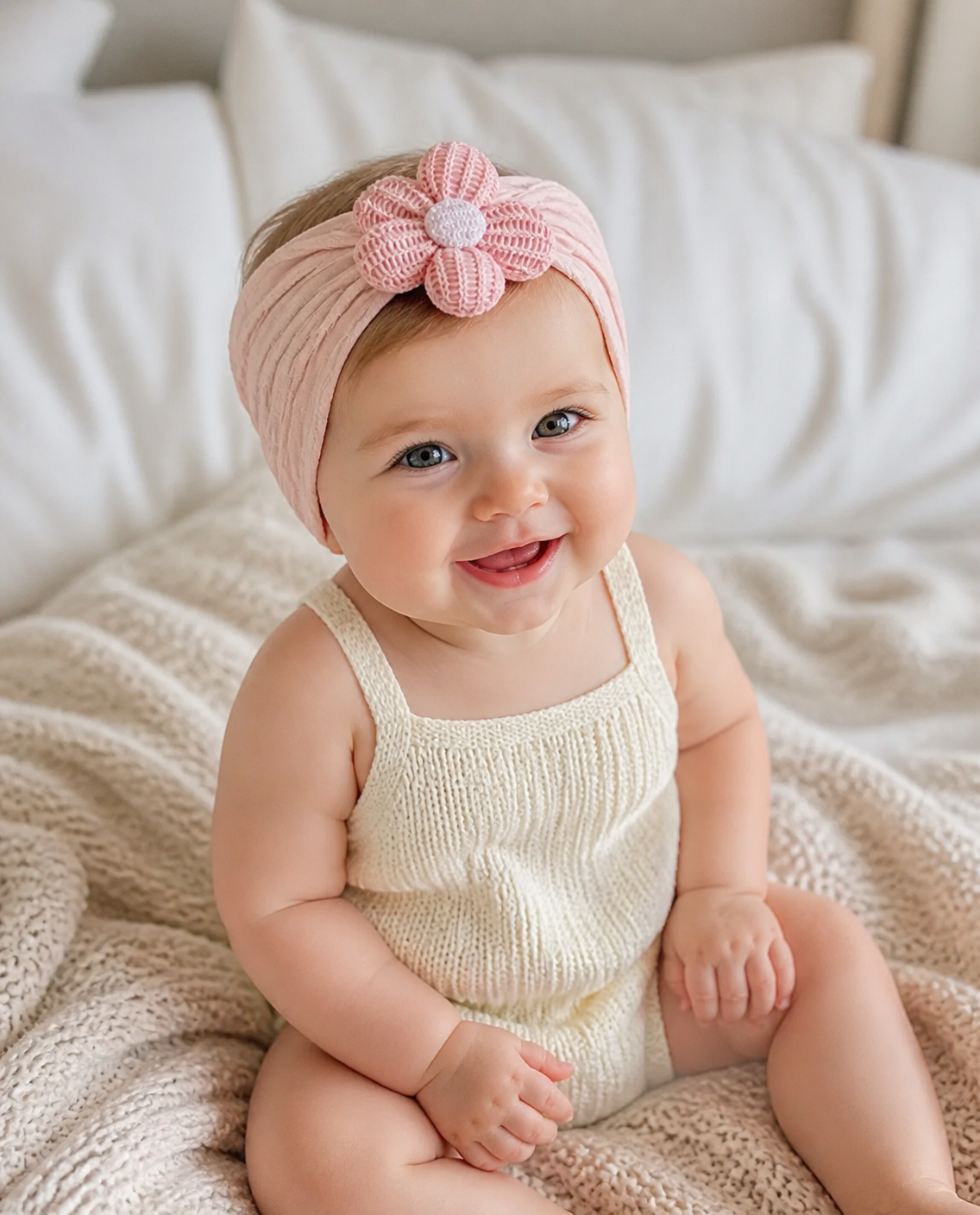 Baby in a cable knit flower headband