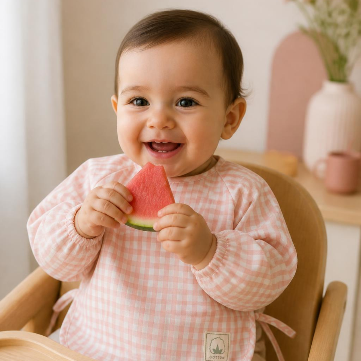 Baby in a pink gingham long sleeve smock bib eating watermelon