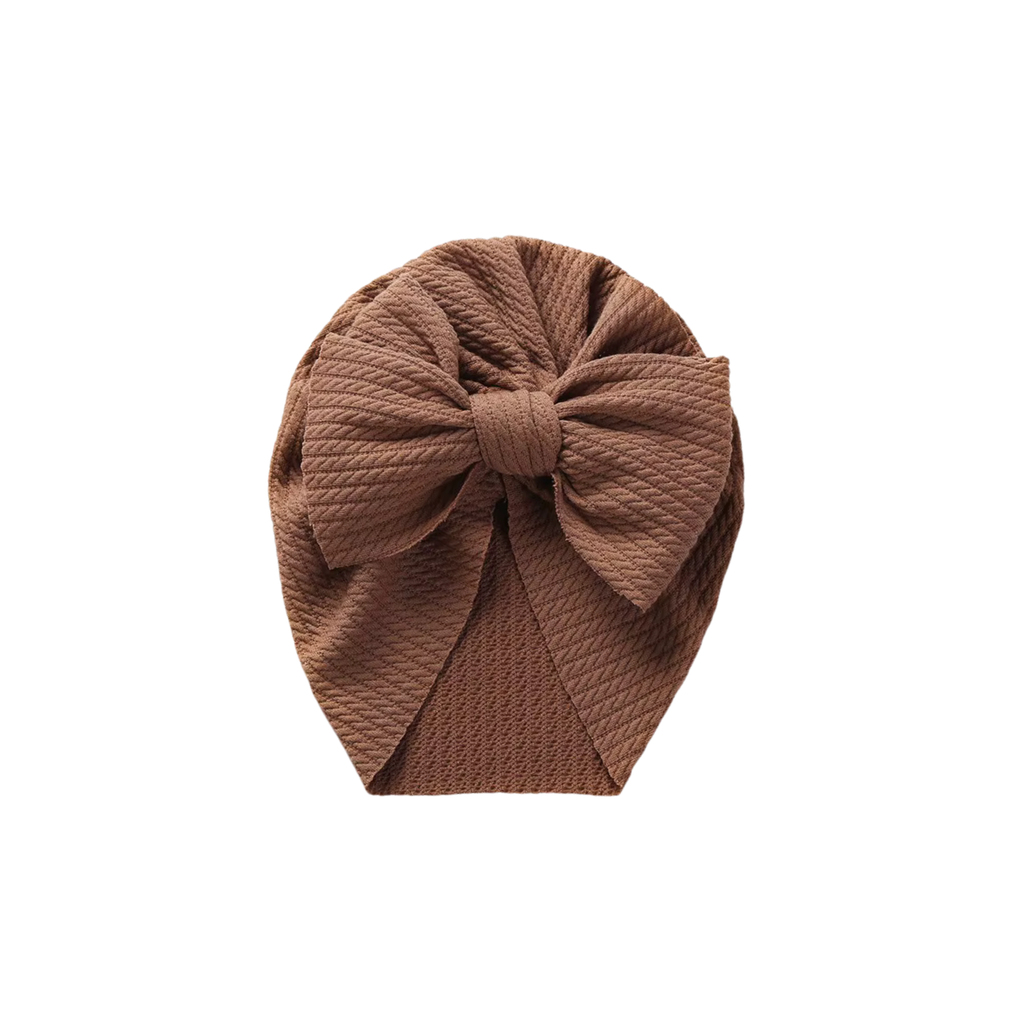 Tawny linen textured baby turban with bow detail — Billie Bow Turban on white background