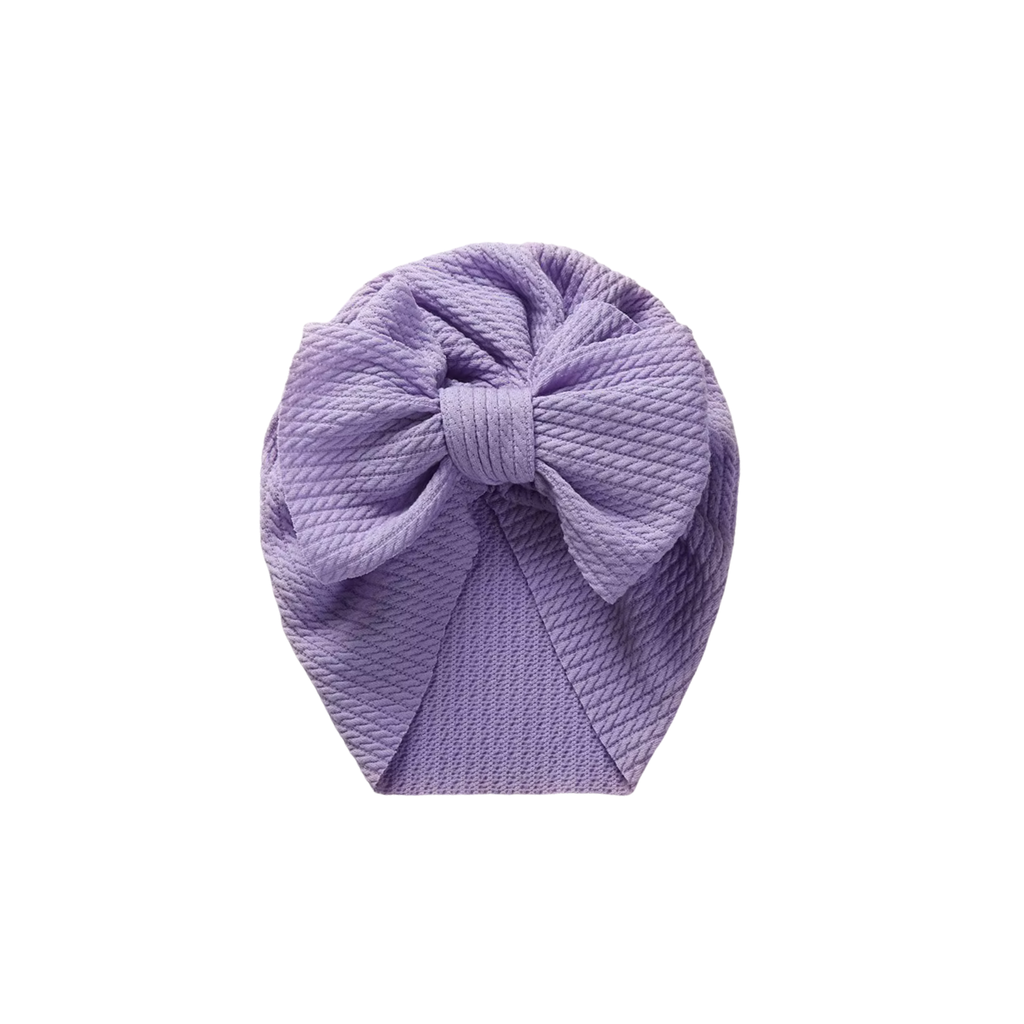 Lilac textured baby turban with bow detail — Billie Bow Turban on white background