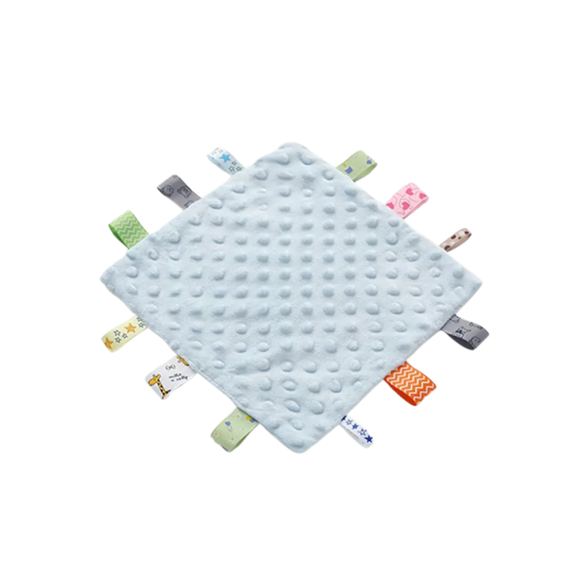 Sky satin ear detail baby blanket — Baby Tags Square Security Blanket Sensory Plush on white background