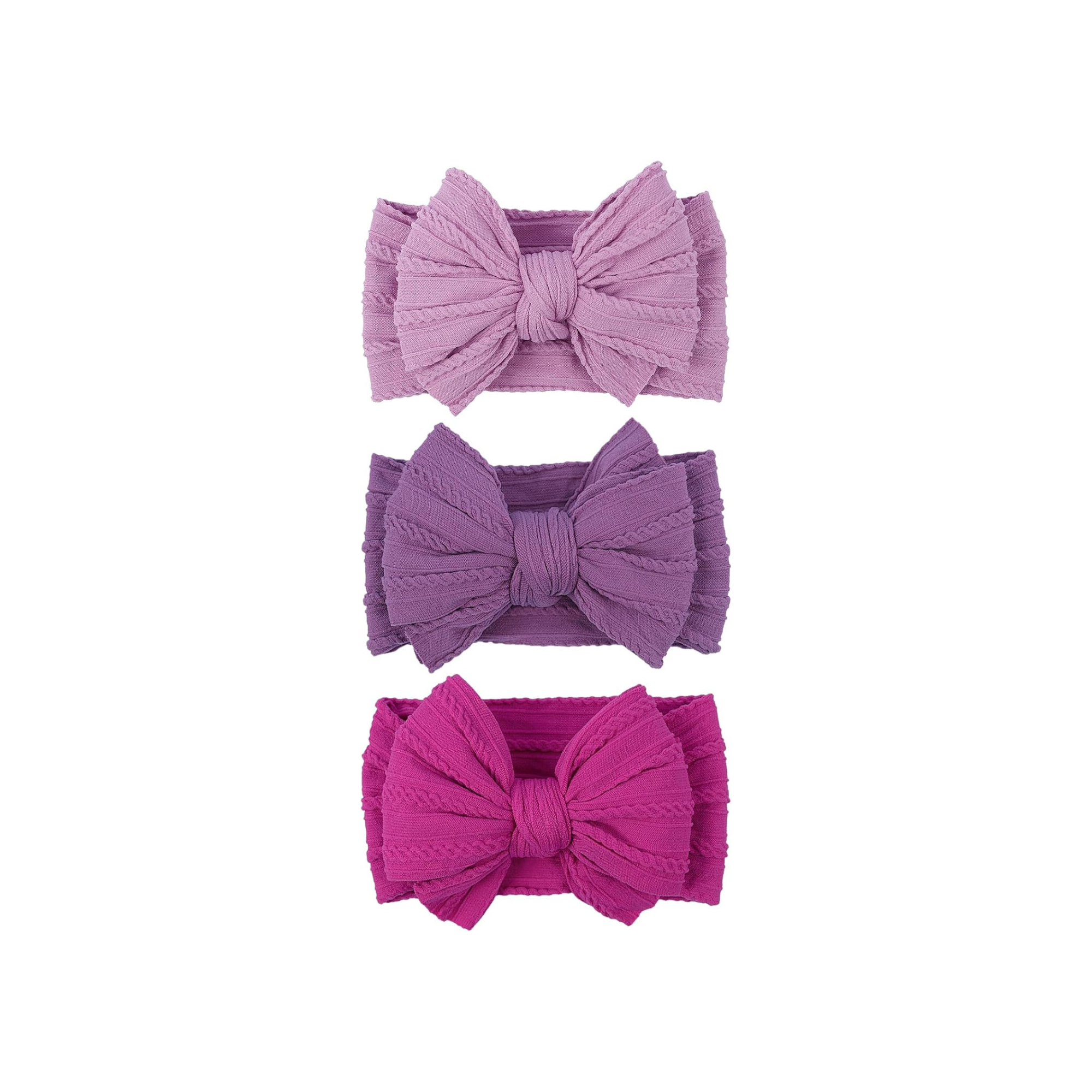 Bowie Double Bow Headband 3-Pack in Purple Rain — 3-pack baby headbands in Purple Rain tones on white background