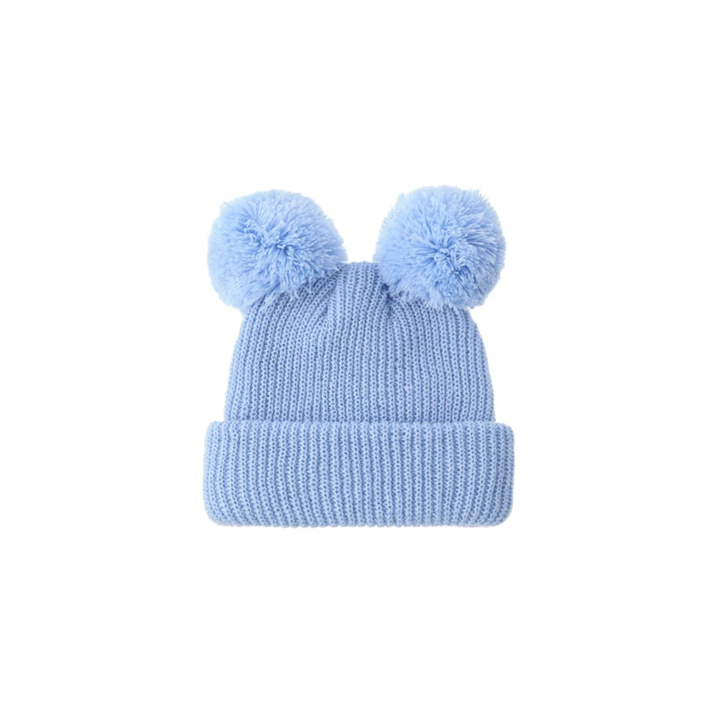 Sky blue knit double pom pom baby beanie — Scout Beanie on white background