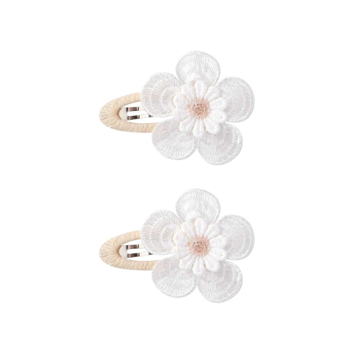 2 piece Blanc petal baby hair clip in peach, two matching white lace flower snap clips
