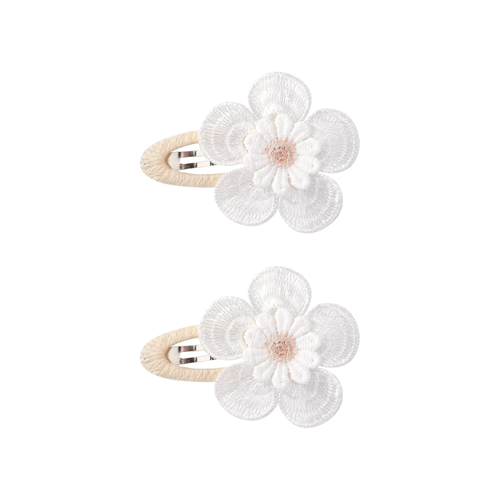 2 piece Blanc petal baby hair clip in peach, two matching white lace flower snap clips