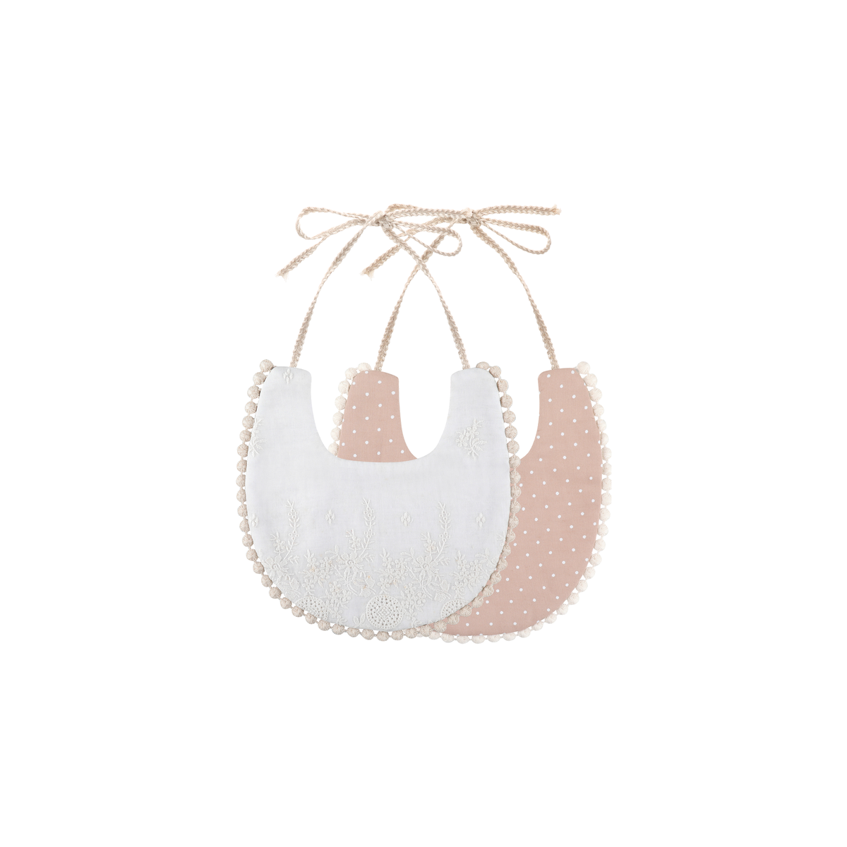 2 piece Clementine pom pom baby dribble bibs in beige spot: white broderie bib and dusty beige spot print bib