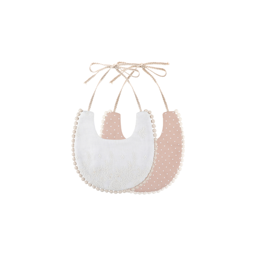 2 piece Clementine pom pom baby dribble bibs in beige spot: white broderie bib and dusty beige spot print bib