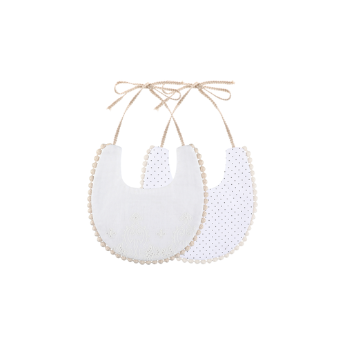 2 piece Clementine pom pom baby dribble bibs in black dot: white broderie bib and black pin dot print bib