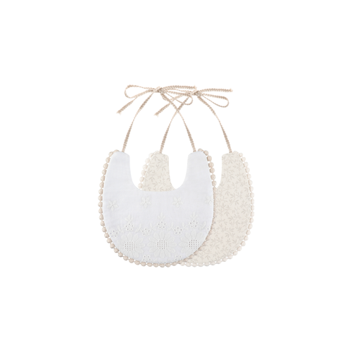 2 piece Clementine pom pom baby dribble bibs in chalk leaf: white broderie bib and chalk leaf sprig print bib