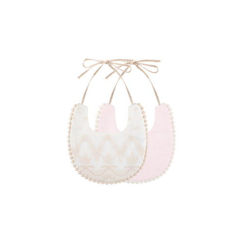 2 piece Clementine pom pom baby dribble bibs in fairy floss: ivory broderie bib with latte embroidery and a fairy floss pink bib