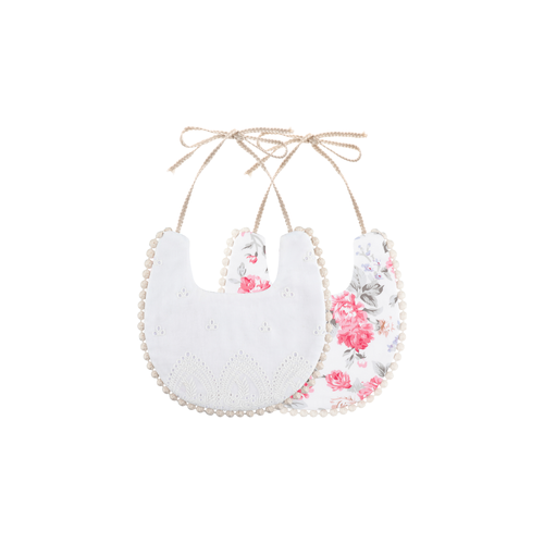 2 piece Clementine pom pom baby dribble bibs in flamingo rose: white broderie bib and flamingo pink rose print bib