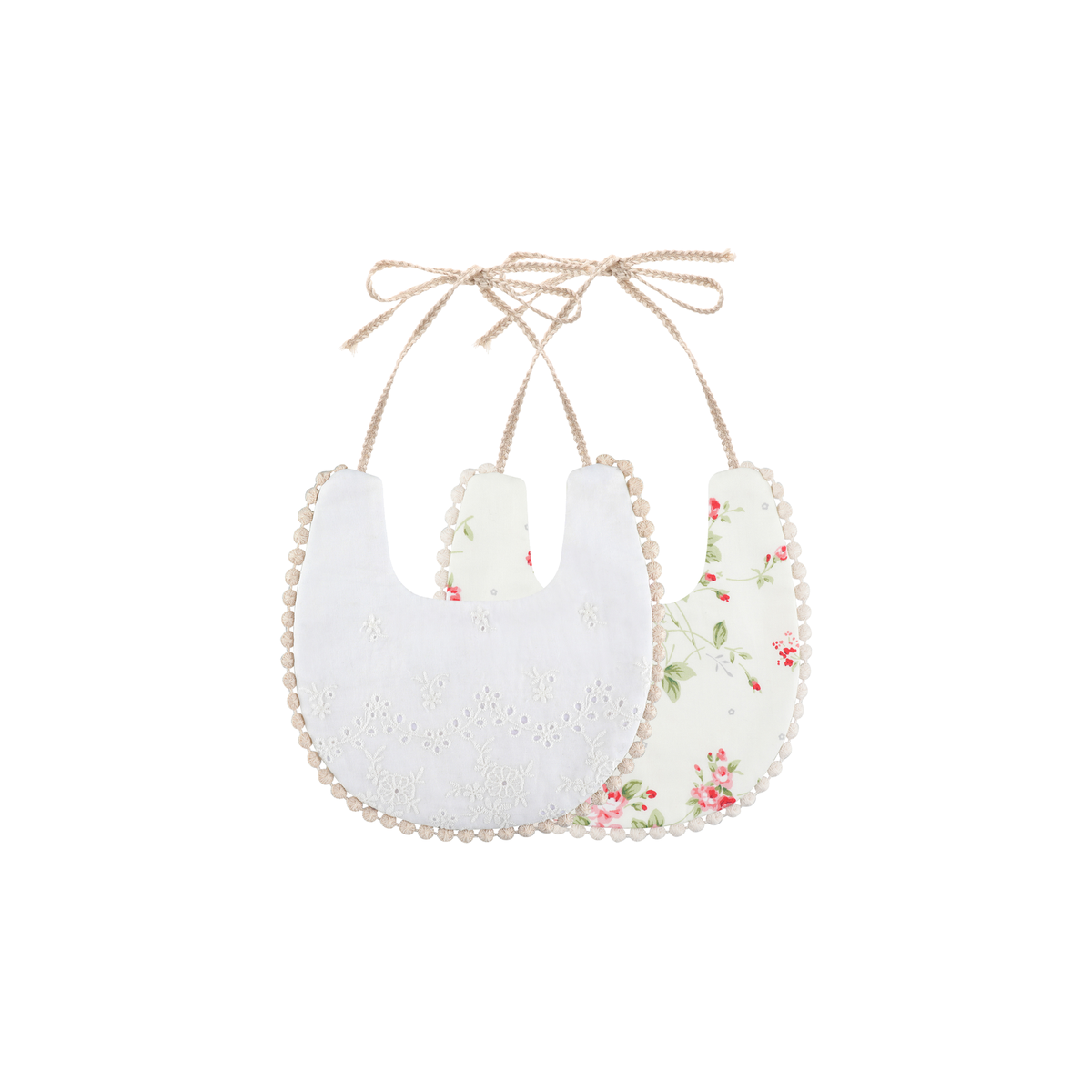 2 piece Clementine pom pom baby dribble bibs in ivory rosebud: white broderie bib and cream rosebud print bib