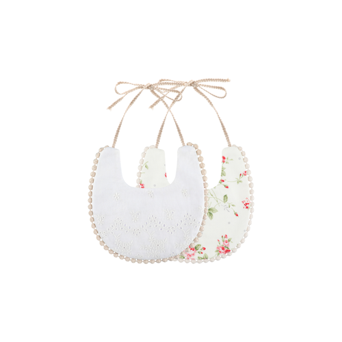 2 piece Clementine pom pom baby dribble bibs in ivory rosebud: white broderie bib and cream rosebud print bib