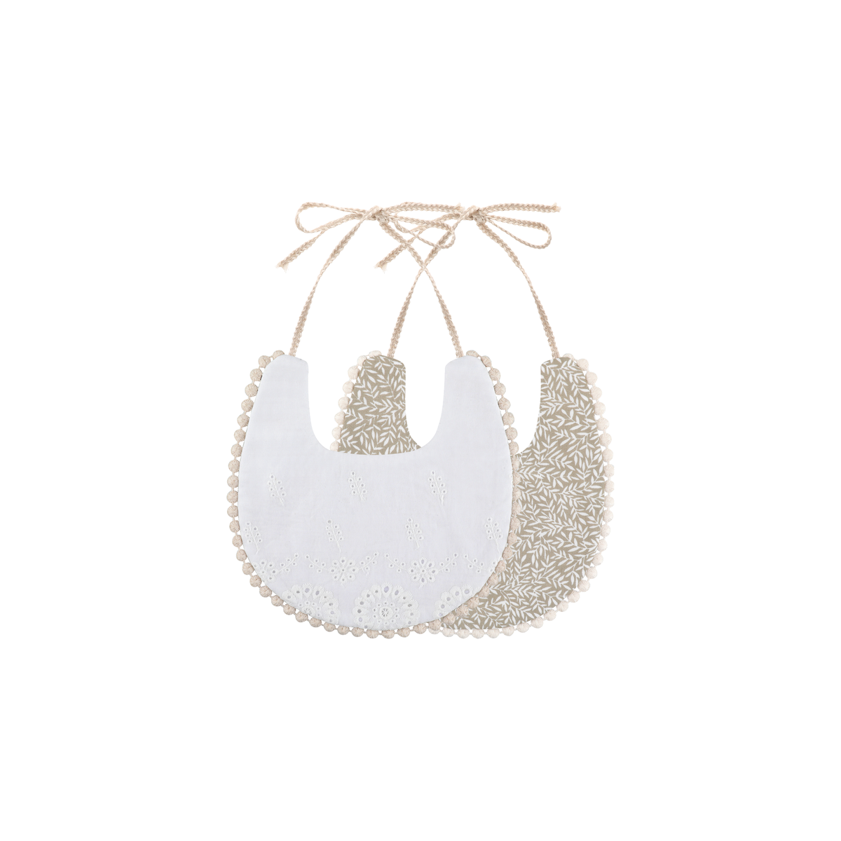 2 piece Clementine pom pom baby dribble bibs in khaki leaf: white broderie bib and khaki leaf print bib