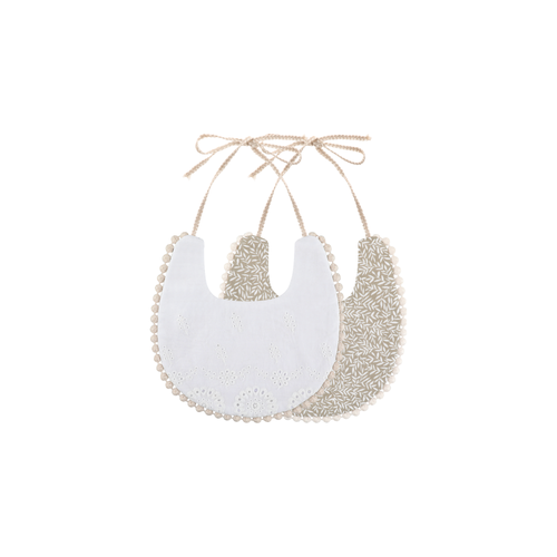 2 piece Clementine pom pom baby dribble bibs in khaki leaf: white broderie bib and khaki leaf print bib