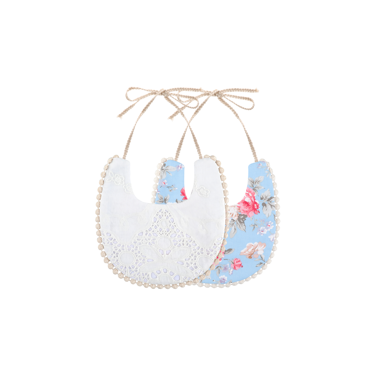 2 piece Clementine pom pom baby dribble bibs in light blue floral: white broderie bib and light blue rose print bib