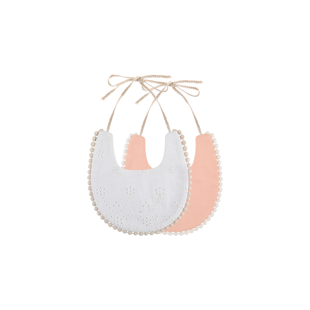 2 piece Clementine pom pom baby dribble bibs in peach: white broderie bib and plain peach bib
