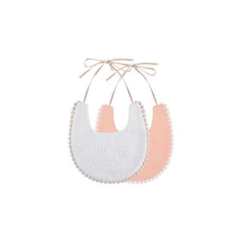 2 piece Clementine pom pom baby dribble bibs in peach: white broderie bib and plain peach bib