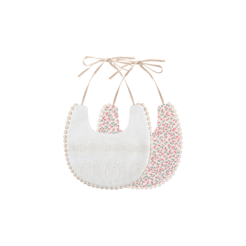 2 piece Clementine pom pom baby dribble bibs in pink floral: white broderie bib and tiny pink floral print bib
