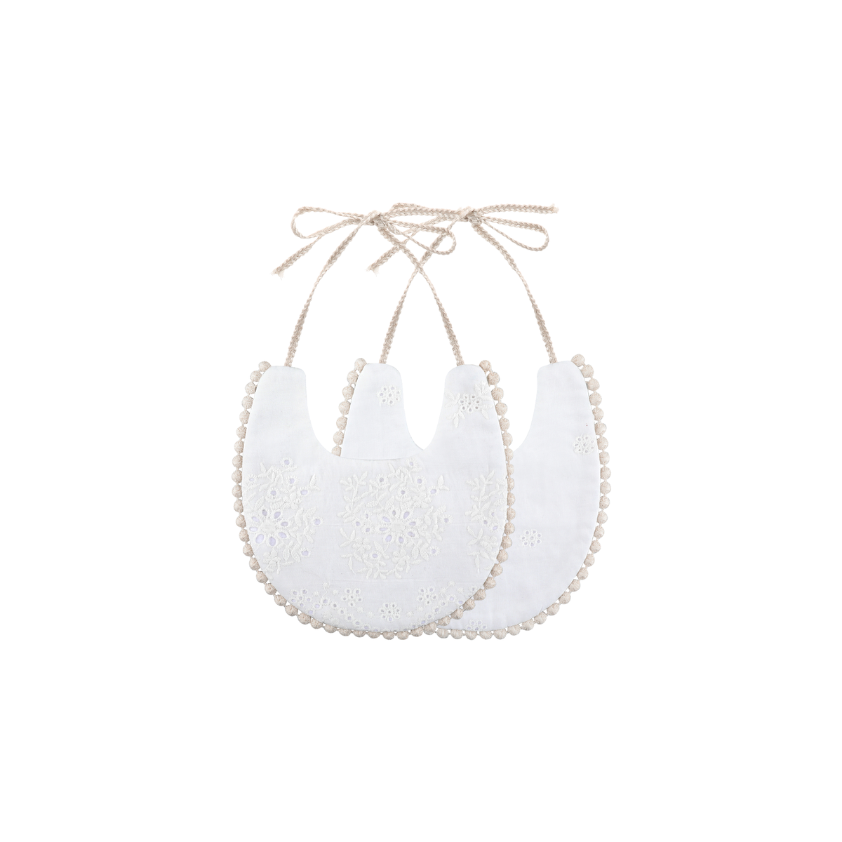 2 piece Clementine pom pom baby dribble bibs in white eyelet: two white broderie anglaise bibs