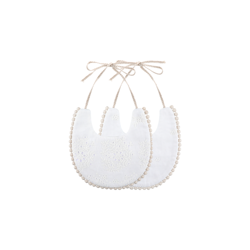 2 piece Clementine pom pom baby dribble bibs in white eyelet: two white broderie anglaise bibs