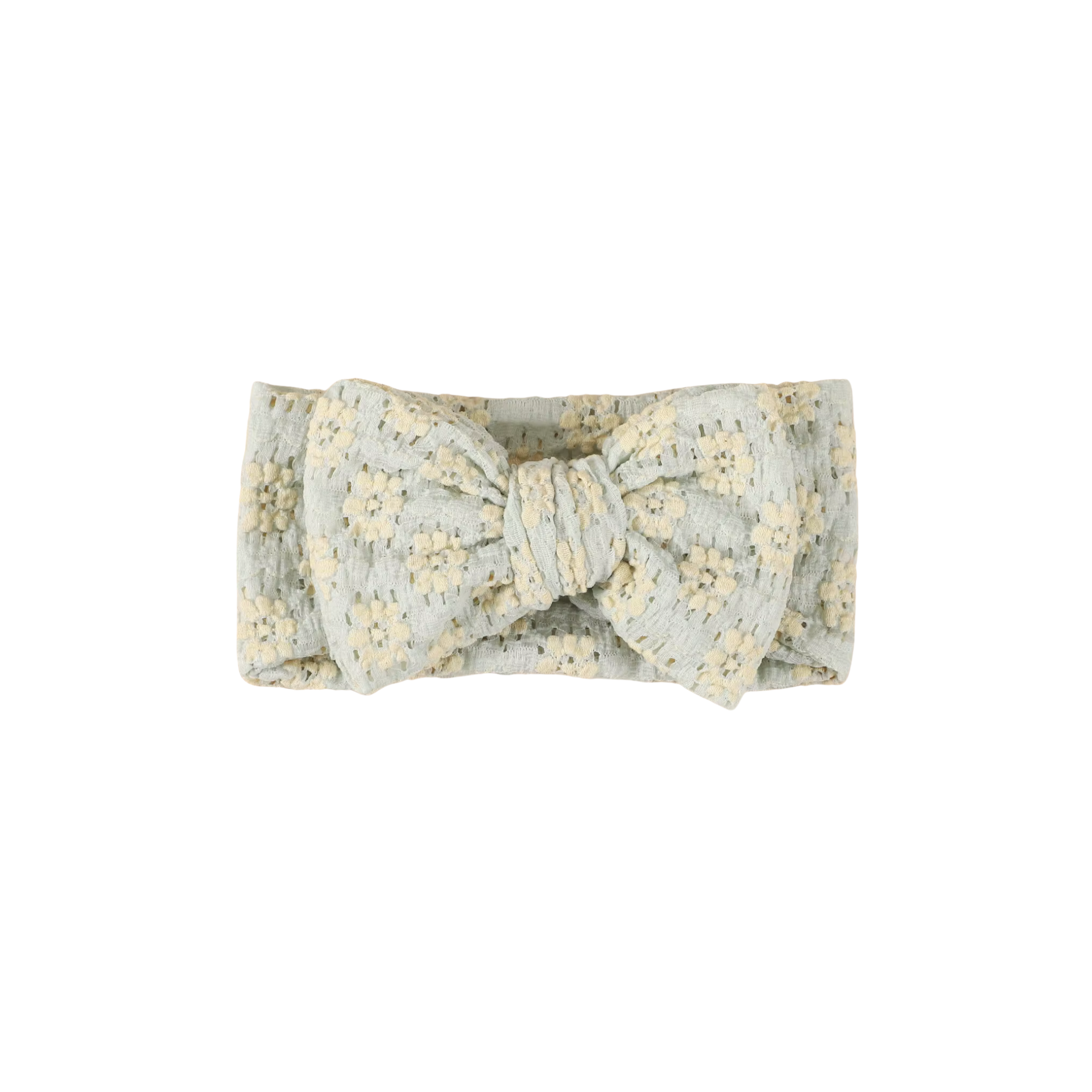Sage mist lace floral baby headband with bow detail — Harlow Lace Bow Headband on white background