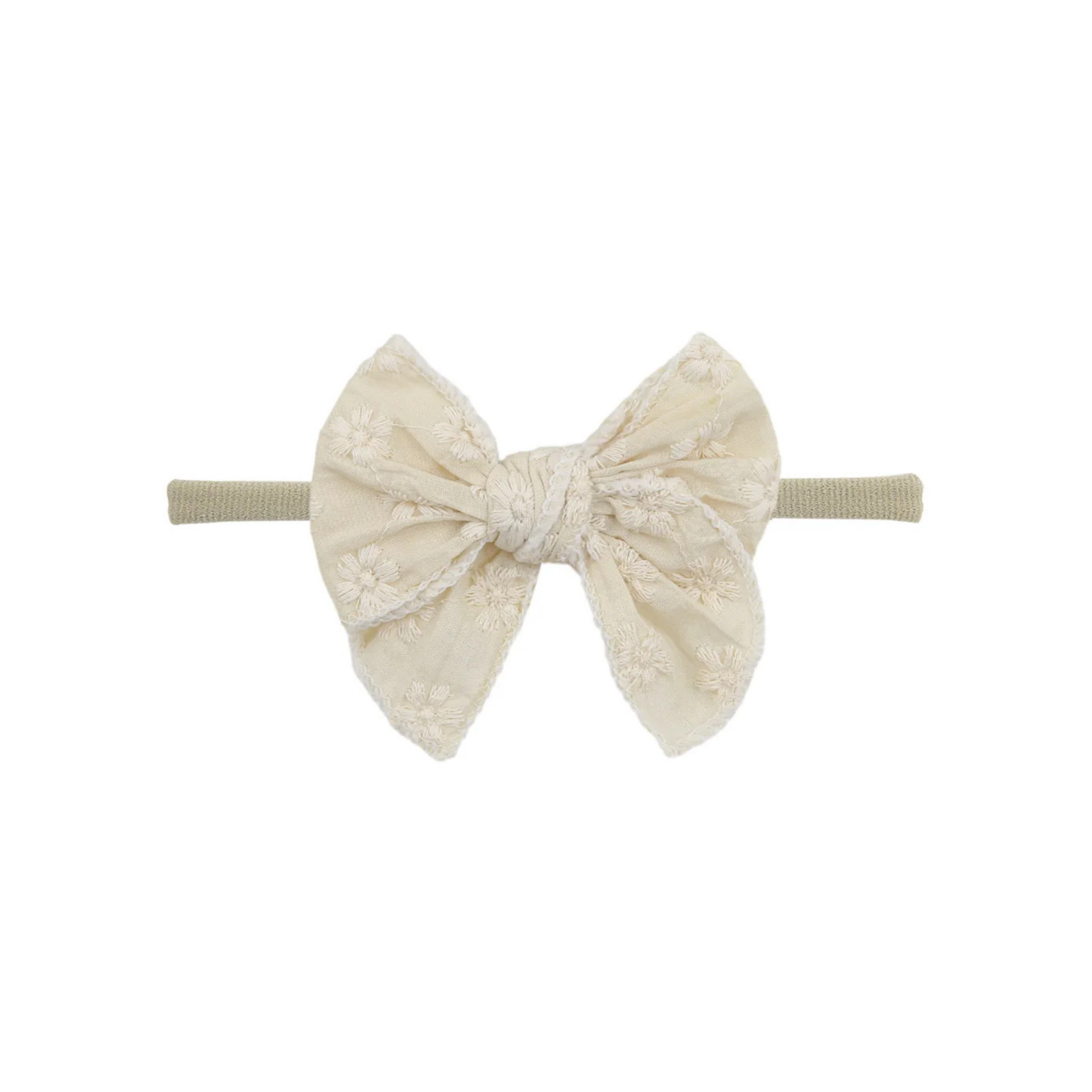 Cream eyelet oversized bow baby headband — Frankie Bow Headband on white background