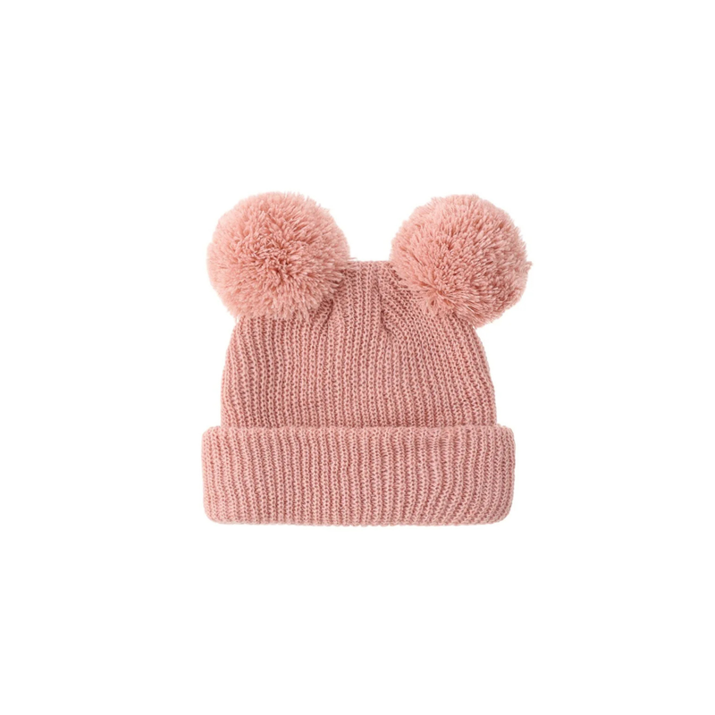 Dusty rose knit double pom pom baby beanie — Scout Beanie on white background