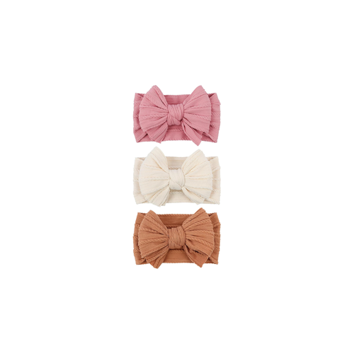 3 piece Bowie double bow cable knit baby headband set in bohemian, with flamingo, chalk and rust bows