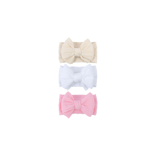 3 piece Bowie double bow cable knit baby headband set in classic blush, with chalk, white and fairy floss pink bows