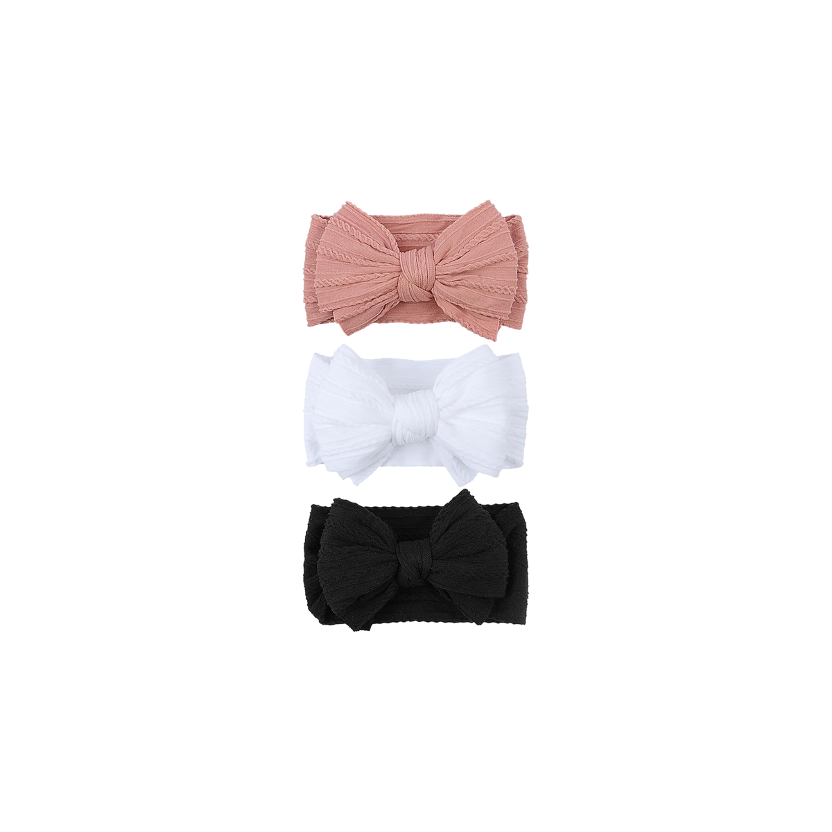3 piece Bowie double bow cable knit baby headband set in essentials, with blush, white and black bows