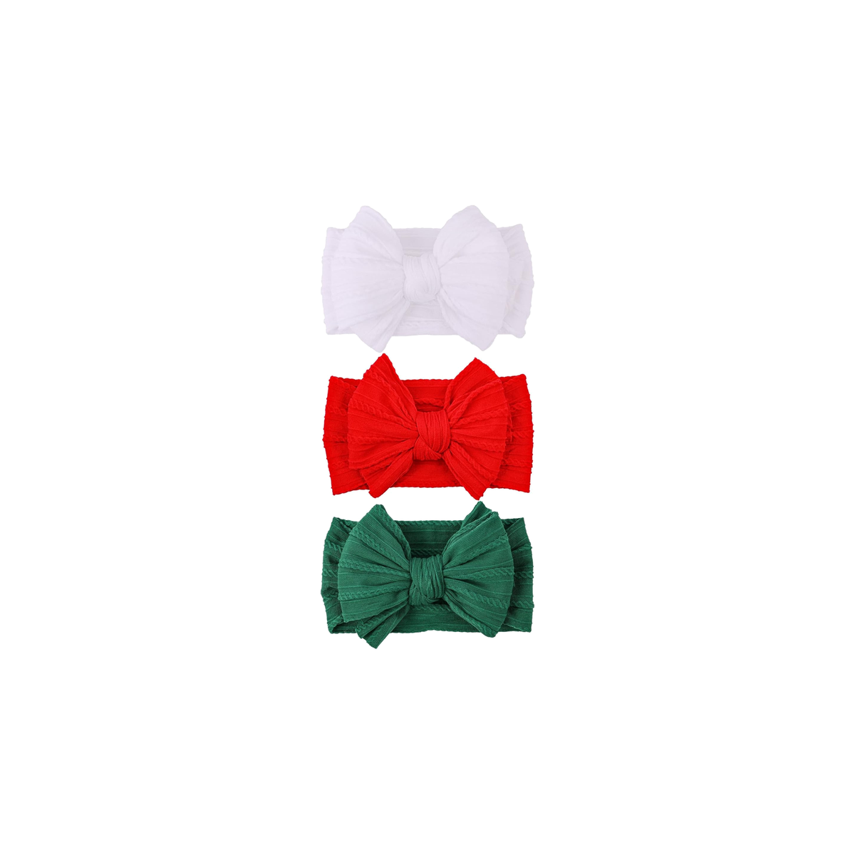 3 piece Bowie double bow cable knit baby headband set in festive joy, with white, cherry red and pine green bows