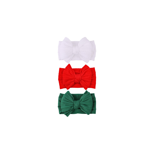 3 piece Bowie double bow cable knit baby headband set in festive joy, with white, cherry red and pine green bows