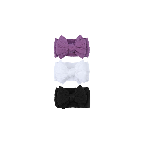 3 piece Bowie double bow cable knit baby headband set in twilight, with mauve purple, white and black bows