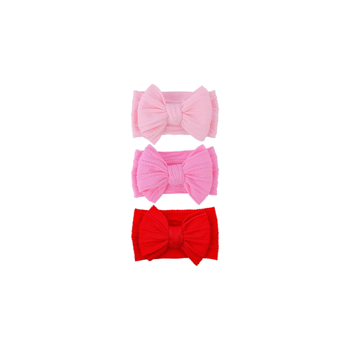 3 piece Bowie double bow cable knit baby headband set in valentine, with peony, fuchsia and strawberry red bows