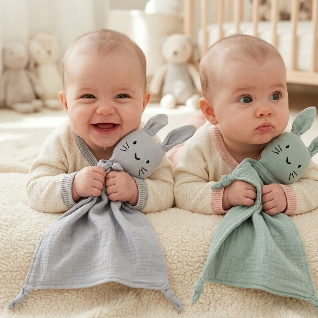 Thumper Bunny Cotton Baby Comforter in Turquoise — bunny baby comforter showing face and soft texture