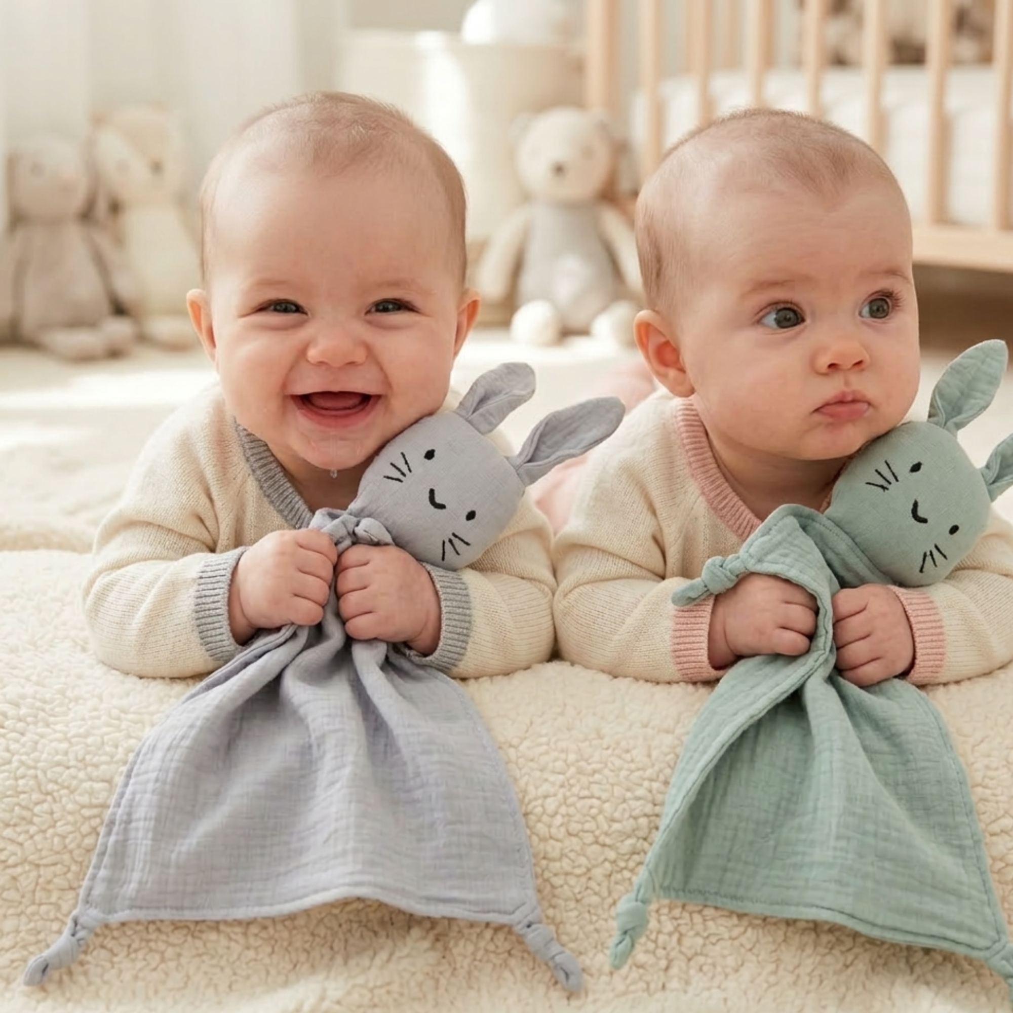 Thumper Bunny Cotton Baby Comforter in Turquoise — bunny baby comforter showing face and soft texture