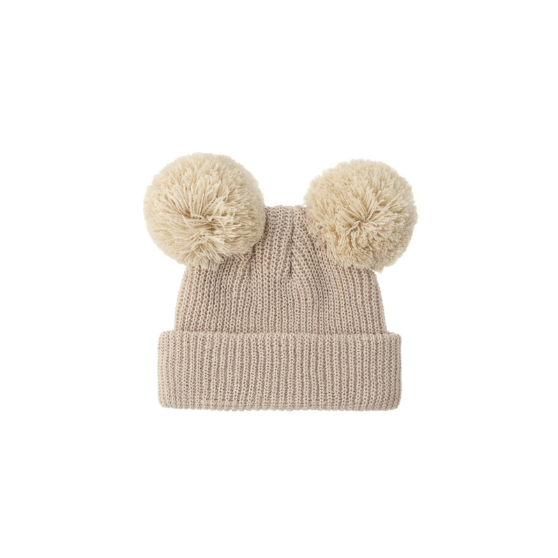 Oat knit double pom pom baby beanie — Scout Beanie on white background