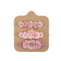 Blush nylon floral baby headband with bow detail — Isla 3 Piece Faux Flower Baby Headband Set on white background