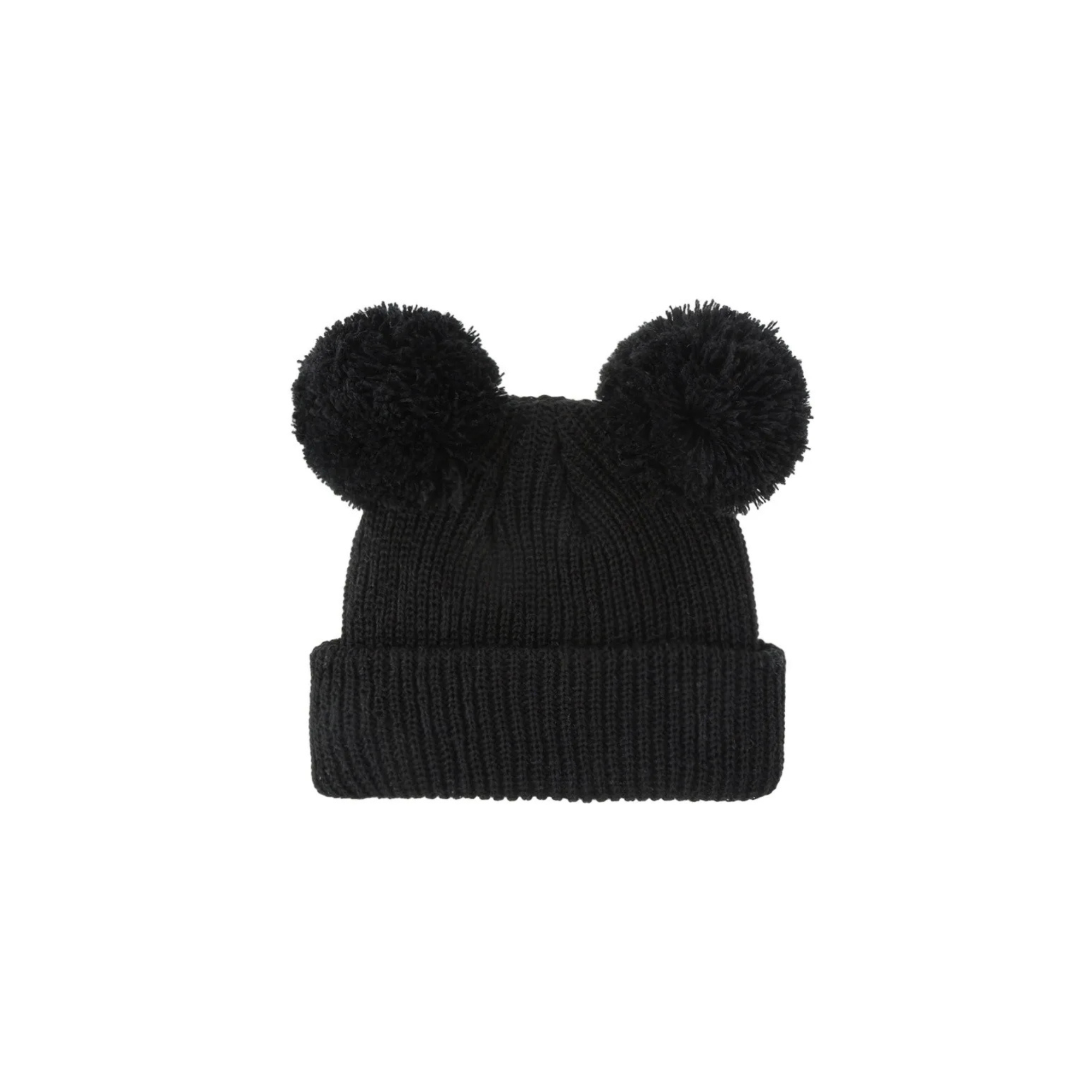 Black knit double pom pom baby beanie — Scout Beanie on white background