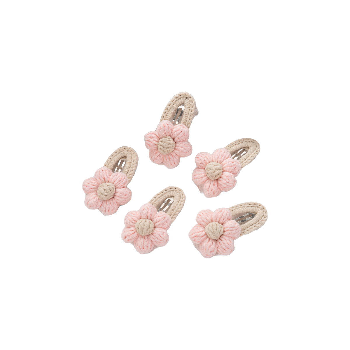 5 piece Bea crochet daisy baby hair clips in blush, blush pink with a sand centre