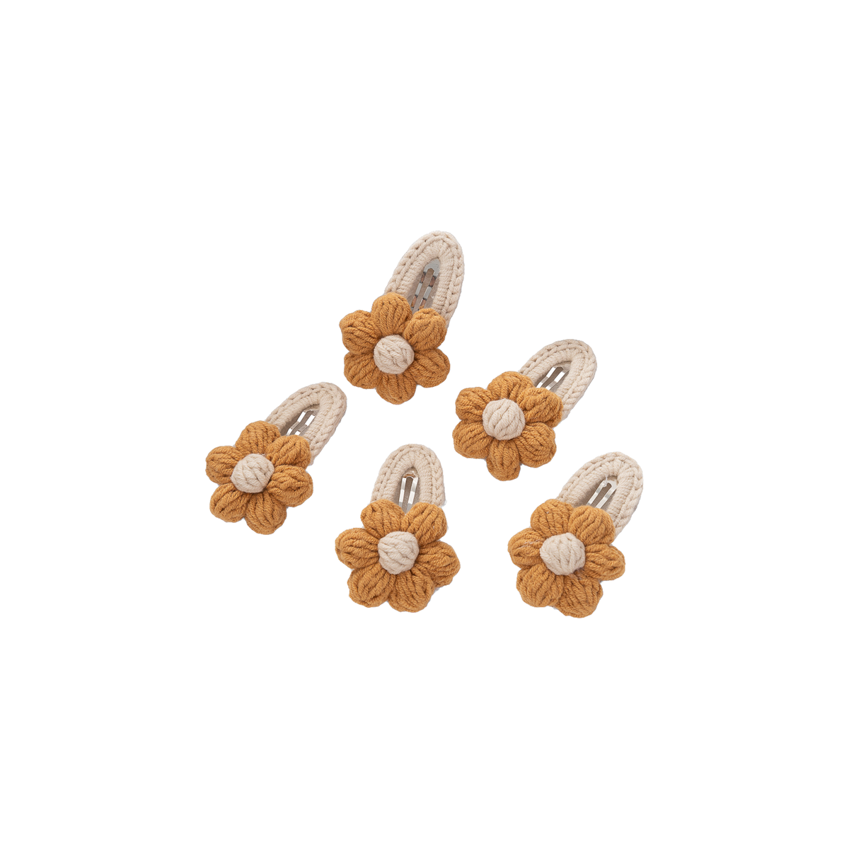 5 piece Bea crochet daisy baby hair clips in mustard, golden mustard with a sand centre