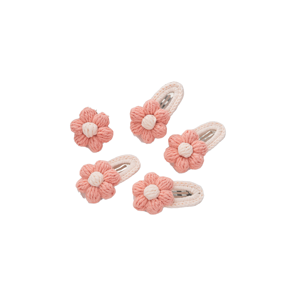 5 piece Bea crochet daisy baby hair clips in peach, coral peach with a cream centre