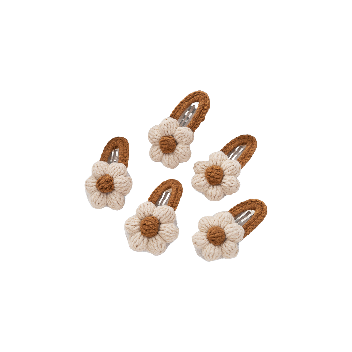 5 piece Bea crochet daisy baby hair clips in sand, sand with a brown centre