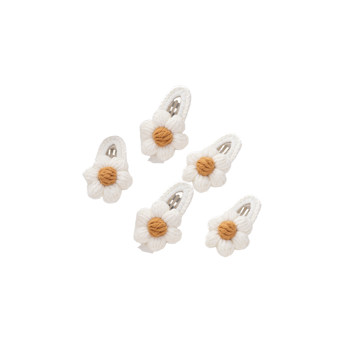 5 piece Bea crochet daisy baby hair clips in white, white with a mustard centre