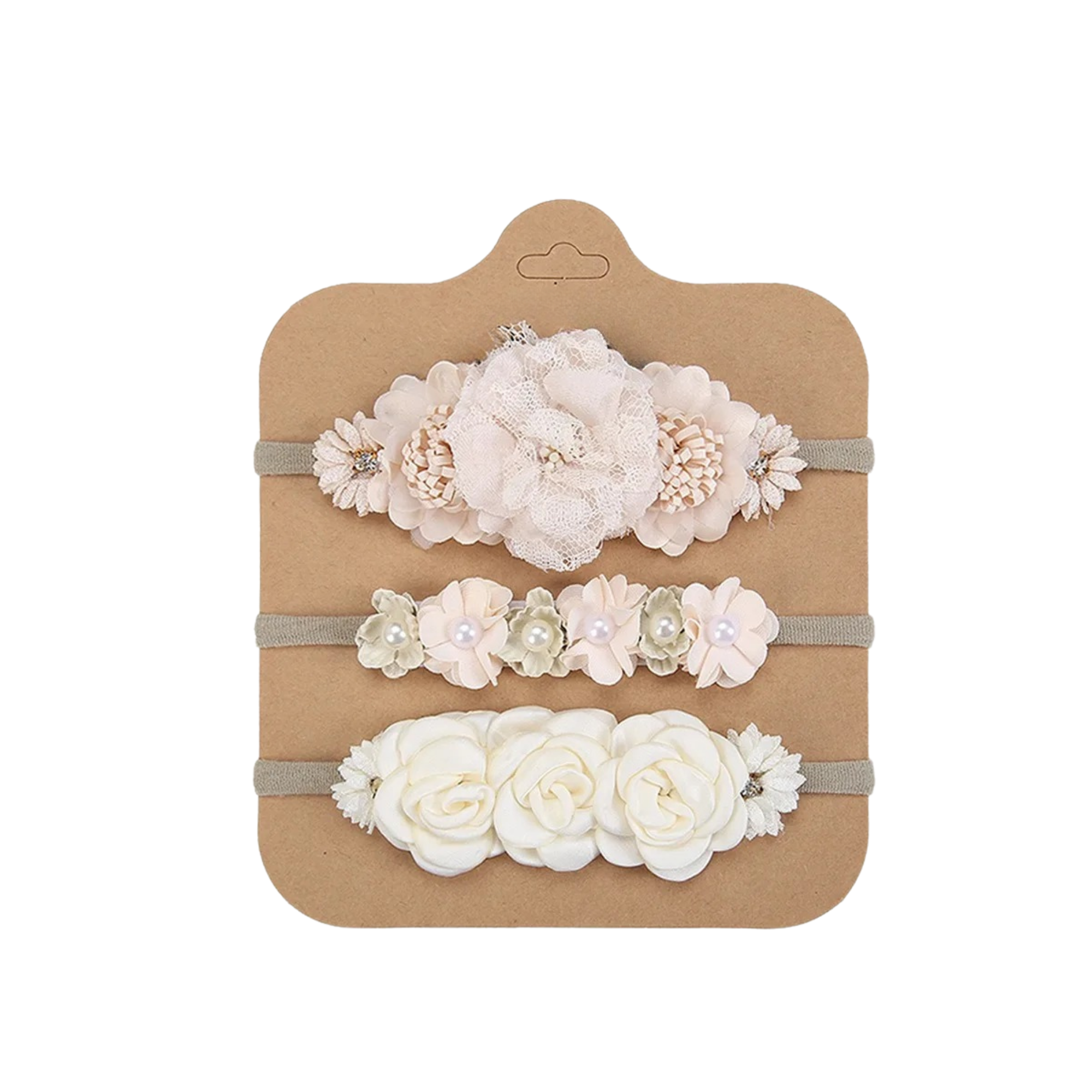 Ivory nylon floral baby headband with bow detail — Isla 3 Piece Faux Flower Baby Headband Set on white background