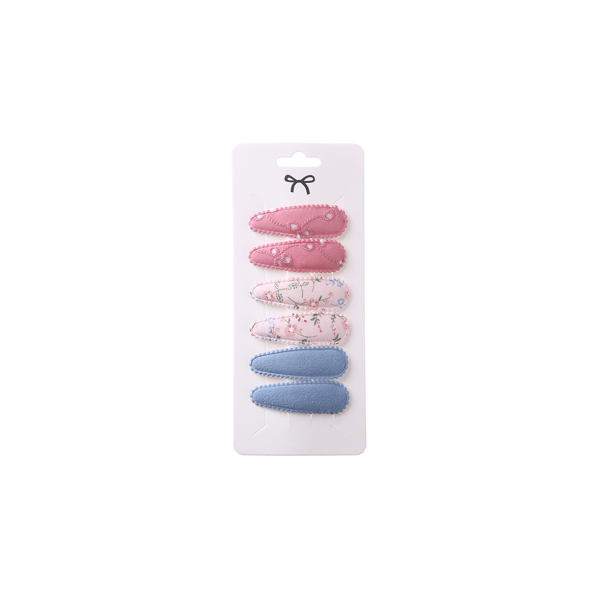 6 piece Kiki baby snap hair clips in bluebird, dusty rose, blush floral and denim blue, on a card